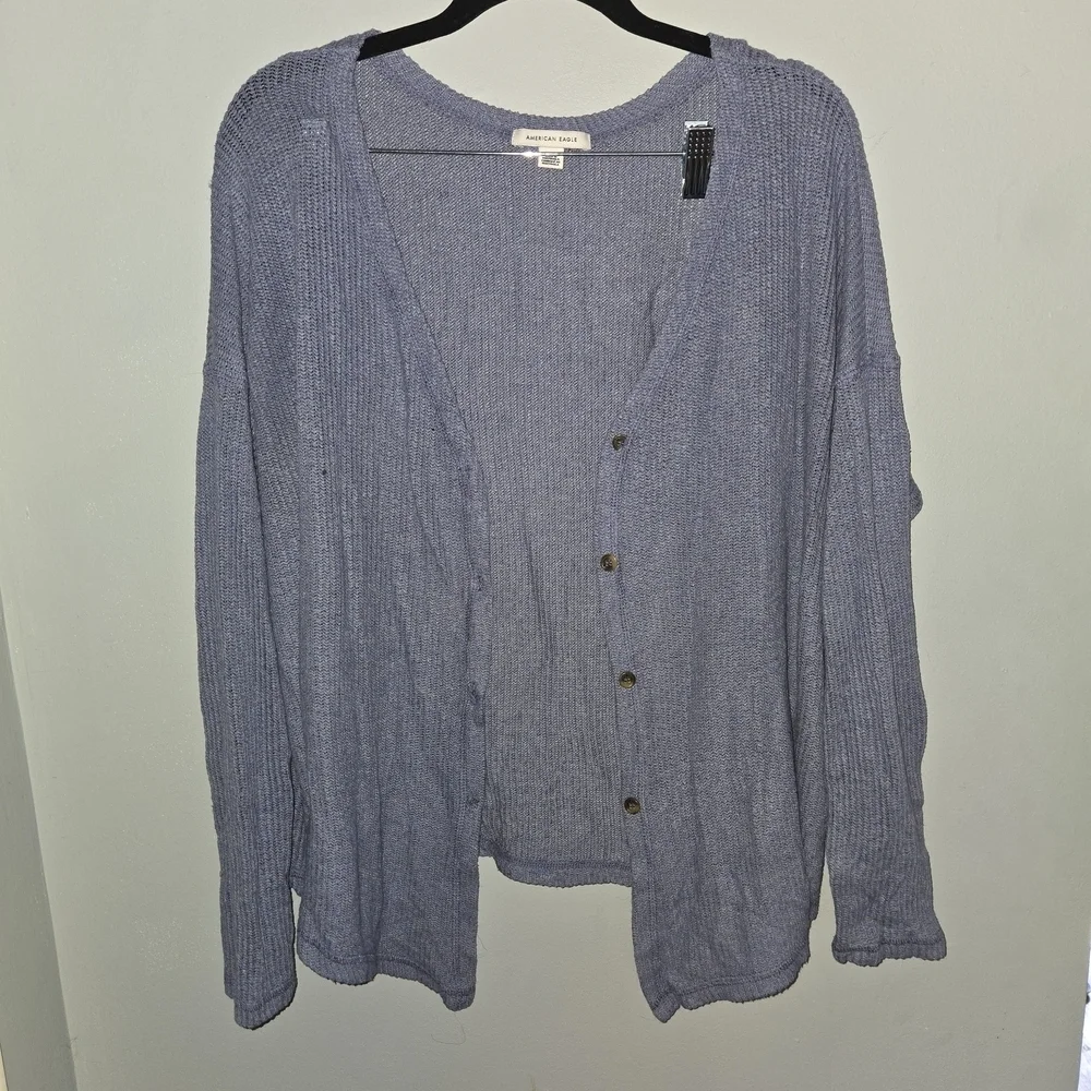 Large American Eagle Light Blue Knit Soft Sweater Cardigan Note Chipped Button